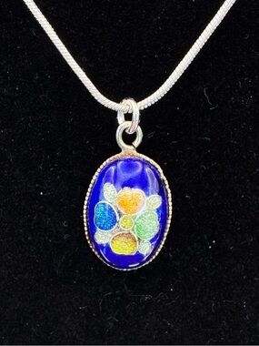 Cloisonné Royal Blue Enamel Flower Pendant Necklace